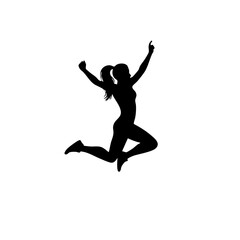 Simple Silhouette Happy Woman Jumping High with Arms Raised Illustration