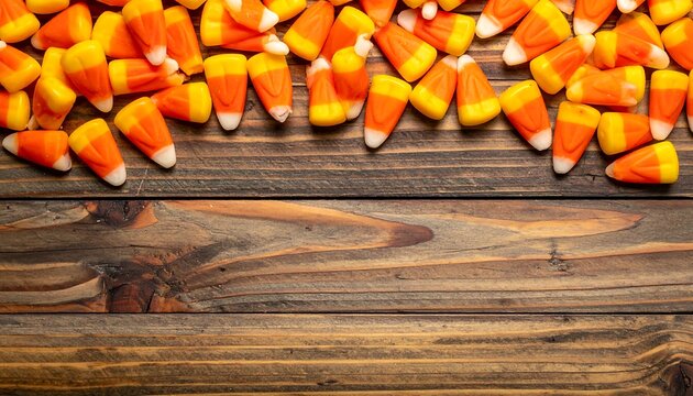Candy corn candies arranged on a wooden surface
