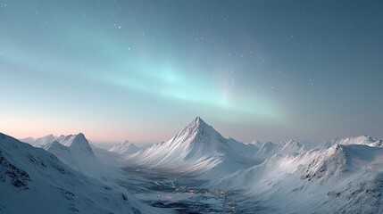 Glimmering Aurora Borealis Over Snowy Mountain Peaks at Dusk with Soft Blue and White Hues Under a Starry Sky Creating a Winter Landscape