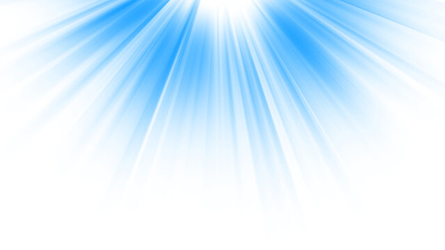 Radiant blue light beams shining down from above isolated on white background