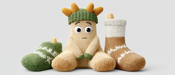 Whimsical Minimalist Halloween Illustration Featuring Cute Plush Toys and Cozy Knitted Socks Design for Seasonal Decor
