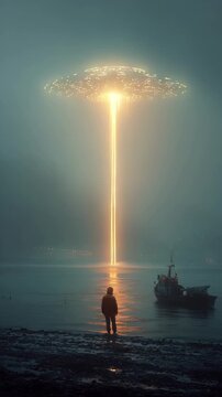 Mysterious UFO Appears Over Serene Waters as Figure Stands in Awe at Dusk