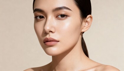 Close up portrait of a young asian woman with flawless glowing skin and natural makeup