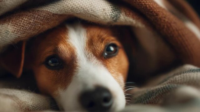 A beagle tucked under a warm blanket, peeking out with sleepy, soulful eyes.