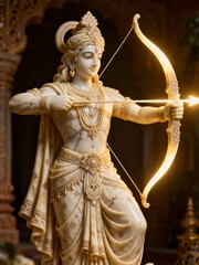 Obraz premium Statue of lord rama holding a bow and arrow, illuminated by a golden light