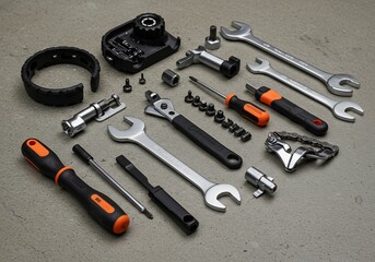 Flat Lay Bicycle Repair Tools on Concrete Slab