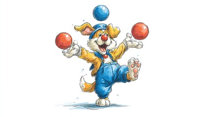 Cartoon dog in overalls juggles red and blue balls, balancing on one paw