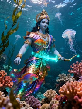 Vishnu as matsya avatar, a fishman deity, holding a bow underwater amidst coral reefs and jellyfish