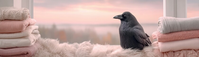 Captivating Hyper-Realistic Halloween Illustration Featuring a Single Glossy Bird Perched Near Cozy Blankets at Sunset