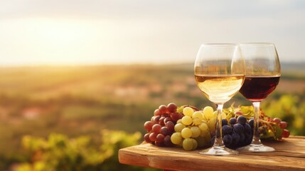 vineyard. Glasses of red and white wine with ripe grapes on a wooden table in a rustic vineyard setting. bar promotions, beverage menus, designed for food & beverage menus and cafe branding.