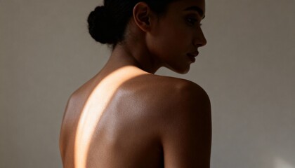 A womans back is illuminated by a dramatic shaft of light, highlighting her skin texture