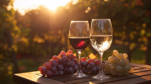 vineyard. Glasses of red and white wine with ripe grapes on a wooden table in a rustic vineyard setting. bar promotions, beverage menus, designed for food & beverage menus and cafe branding.
