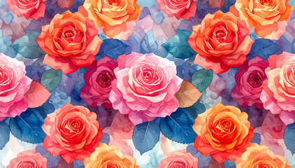 Fototapeta premium Vibrant watercolor rose pattern with layered petals and blue green leaves creating joyful seamless floral background