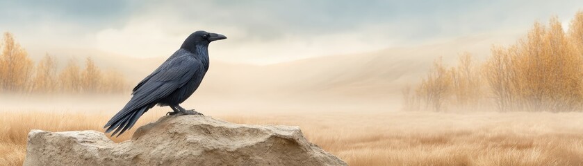 Captivating Vintage Halloween Illustration Featuring a Realistic Black Raven in Serene Landscape Setting