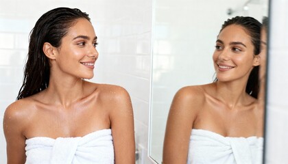 Young woman with wet hair wrapped in a towel smiles at her reflection in the mirror