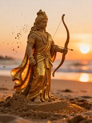 Golden statue of lord rama with bow and arrow on beach at sunset