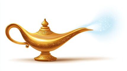 Gleaming golden lamp with intricate carvings, from which mystical blue sparkles emanate, a wish-granting object