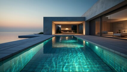 Modern home with infinity pool overlooking the ocean at sunset with a calm sky