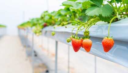 Closeup of strawberries growing in a hydroponic system