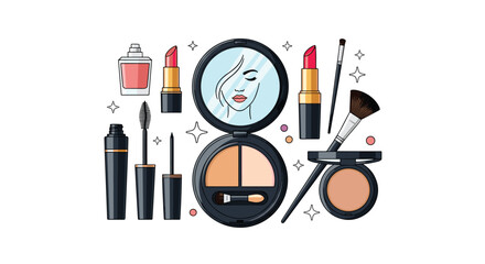 A collection of various makeup products displayed in an artistic arrangement.