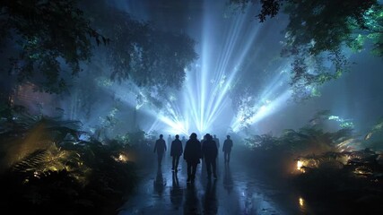 Enigmatic Gathering of Friends in Mysterious Forest Illuminated by Dramatic Light Beams