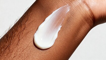 Closeup of a dollop of white cream being applied to a persons arm