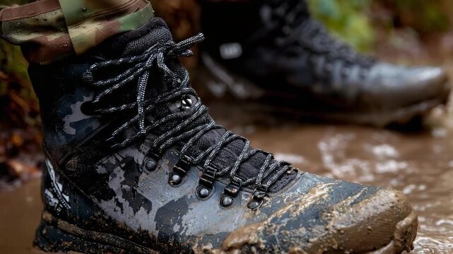 Close-up of muddy camouflage combat boots stepping through a muddy puddle.