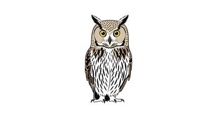 Fototapeta premium An artistic representation of a great horned owl with detailed feathers and piercing yellow eyes on a white background.