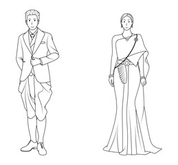Man and Woman in Traditional Thai Attire, Wedding Outfit, Outline Illustration.