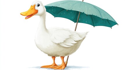 A cartoon duck with white feathers and an orange beak is standing under a teal umbrella against a white background