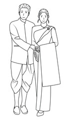Traditional Thai Couple, Wedding Ceremony Attire, Line Drawing Illustration.