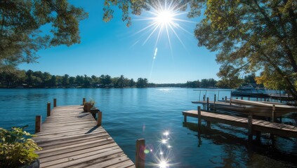 Sunny lakefront dock with lush trees