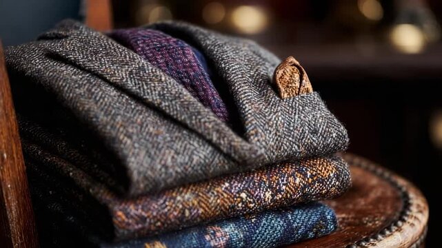 A stack of folded tweed fabrics in various colors on a round, leather-trimmed stool.