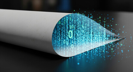 A sheet of paper with half turning into glowing binary code or pixels, symbolizing the bridge between traditional creativity and digital transformation.