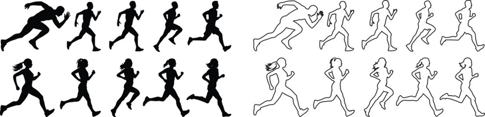 Mixed runners in silhouette profiles.Profile and people silhouette collection. User profile symbol. Group of people or group of users collection. Perfect can use in demographic, social media, and team