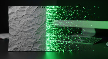 A sheet of paper with half turning into glowing binary code or pixels, symbolizing the bridge between traditional creativity and digital transformation.