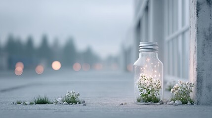 Glowing Flowers in Glass Jar on Urban Concrete Ground in Overcast Gray Day Symbolizing Sustainable Energy and Environmental Consciousness 150 character
