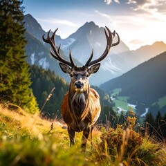 Majestic deer in alpine meadow at sunset