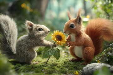 Two squirrels in a forest, one giving a sunflower