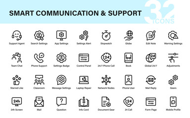 Smart communication and customer support icon set featuring mail, chat, phone, laptop repair, global network, and settings management tools