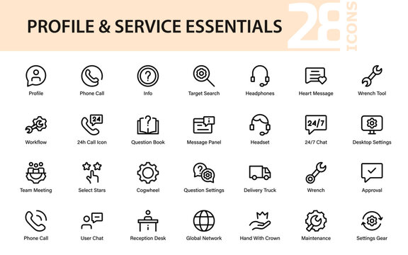 Profile and service essentials icon pack with modern line designs for business, communication, settings, support, workflow, chat, and global network use.