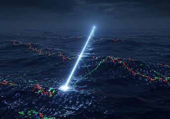 A glowing beam of light rises from a financial stock chart submerged in a dark, wavy ocean, symbolizing market volatility and potential growth.