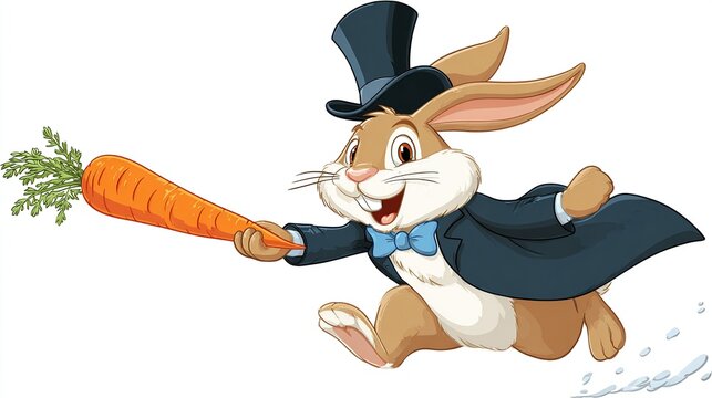 A dapper brown rabbit in a top hat and tails joyfully runs, holding a large carrot. He's dashing, possibly delivering Easter treats
