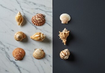 Eight Seashells Flat-Lay on Marble Slab