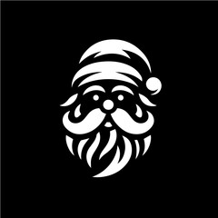 A stylized white illustration of Santa Claus's face, set against a black background.