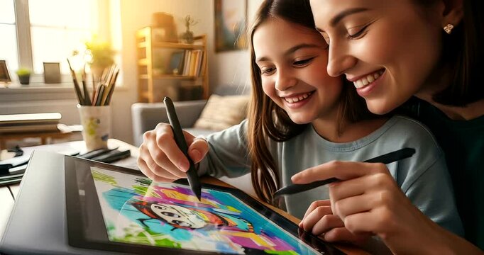 Creative Bonding: Mother and Daughter Digital Painting on Tablet for Fun and Expression