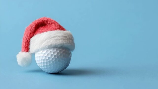 A golf ball wearing a red Santa hat on a blue background.