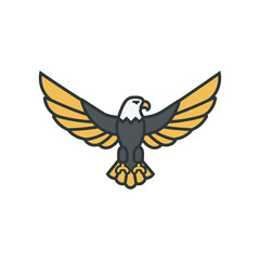 Bold vector illustration of a flying eagle with outstretched golden wings, strong and powerful flat design, isolated