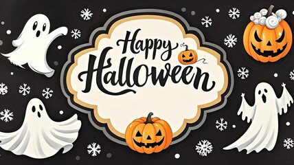 Happy Halloween Greeting Card Template: Cute Ghosts and Pumpkins Flat Lay on Black Background, Doodle Style Vector Illustration