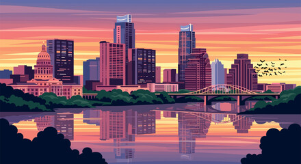 Austin Vector Travel Poster, Cinematic Minimal Landscape Art